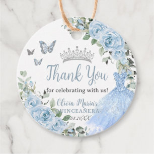 Etiquetas Para Recuerdos Bebé Azul Floral Princesa Vestido Plata Quinceañer