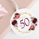 Etiquetas Para Recuerdos Birthday floral gold geometric thank you<br><div class="desc">A 50th or any age birthday Thank You tag with templates for Your name, date, and the text: thank you On front: Trendy bohemian boho style. Decorated with watercolored roses in burgundy and pink. Elegant white background. A faux gold geometric frame and templates for your name, age 50 and date....</div>