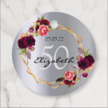 Etiquetas Para Recuerdos Birthday silver florals geometric burgundy<br><div class="desc">A 50th (or any age) birthday Thank You tag with templates for Your name, date, and the text: thank you On front: Trendy bohemian boho style. Decorated with watercolored roses in burgundy and pink. Glamorous, shiny faux silver metallic looking background on both front and back. A faux gold geometric frame...</div>
