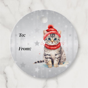 Etiquetas Para Recuerdos Blanco negro y tan tigre gatito con Gorra y bufand