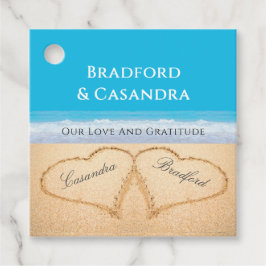 Etiquetas Para Recuerdos Blue Beach Wedding 2 corazones en papel de arena P