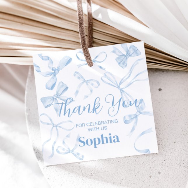 Etiquetas Para Recuerdos Blue Bow Sweet 16th Birthday Party Square (Coquette Blue Bow Sweet Sixteen Birthday Party Favor Tags)