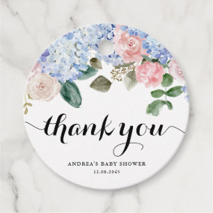 Etiquetas Para Recuerdos Blue Hydrangea y Pink Rose Baby Shower Gracias