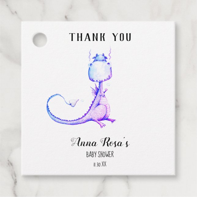 Etiquetas Para Recuerdos * Blue Purple Dragon Cute Baby Shower Gracias (Anverso)
