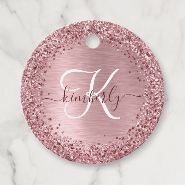 Etiquetas Para Recuerdos Blush Pink Brushed Metal Glitter Monogram Name (Anverso)