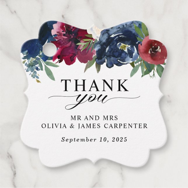 Etiquetas Para Recuerdos Boda de Borgoña Azul de la Marina Floral Moderna G (Anverso)