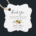 Etiquetas Para Recuerdos Boda de girasol rústico eucalipto<br><div class="desc">Elegante bouquet floral de acuarela de girasoles y eucalipto,  etiquetas de agradecimiento de boda. La parte posterior de la etiqueta presenta un color azul marino sólido.</div>