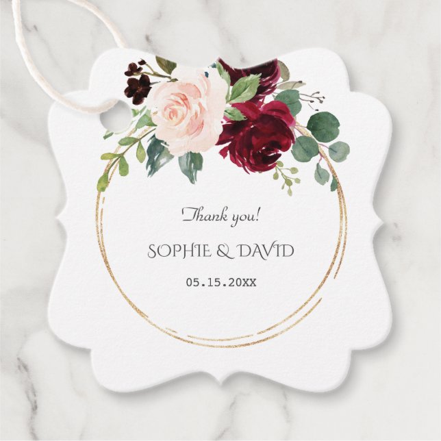 Etiquetas Para Recuerdos Boda de oro de las flores azules rosadas de Borgoñ (Anverso)