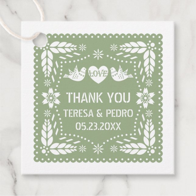 Etiquetas Para Recuerdos Boda de pájaros amorosos verde sabio papel picado (Anverso)