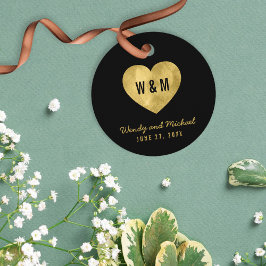 Etiquetas Para Recuerdos Boda del corazón del monograma negro y dorado
