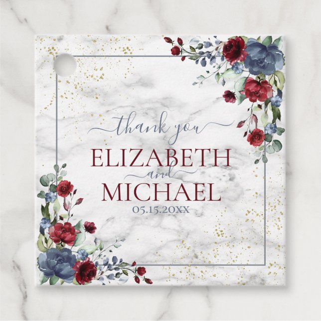 Etiquetas Para Recuerdos Boda floral ligero y turbio de borgoña azul (Anverso)