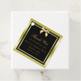 Etiquetas Para Recuerdos Boda Glamurosa con Lazo Dorado y Brillo Negro