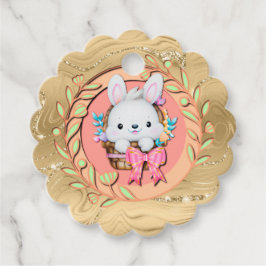 Etiquetas Para Recuerdos Bonito conejo de Pascua sentado en la canasta
