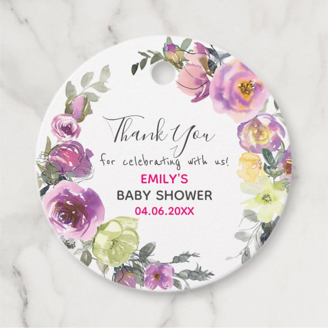Etiquetas Para Recuerdos Bonito Morple Floral Wreath Gracias Baby Shower (Anverso)