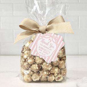 Etiquetas Para Recuerdos Bow rosa con franjas Baby Shower de palomitas