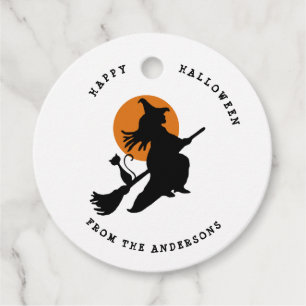 Etiquetas Para Recuerdos Bruja voladora y gato Halloween negro y blanco