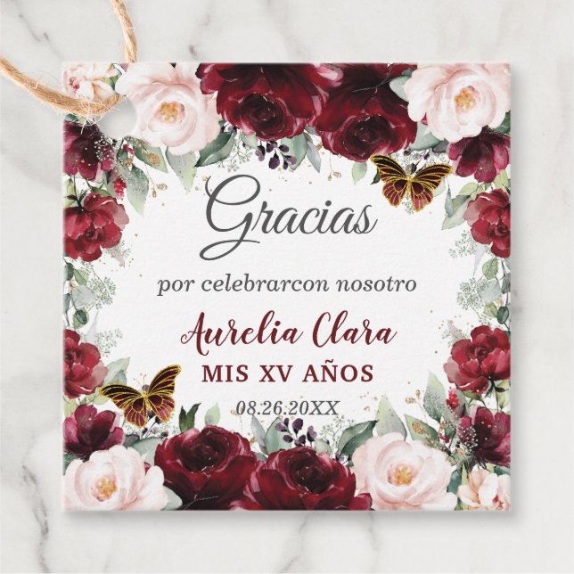 Etiquetas Para Recuerdos Burgundy Besado Floral Quinceañera Mariposas (Anverso)
