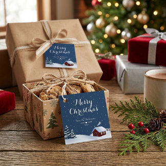 Etiquetas Para Recuerdos Cabaña Acogedora de Invierno Feliz Navidad