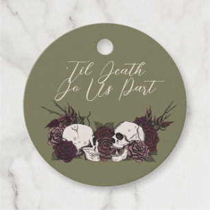 Etiquetas Para Recuerdos Calavera y Rosa Redonda Verde Oliva Gótico