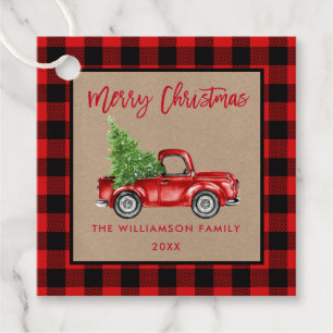 Etiquetas Para Recuerdos Camión de Navidades de Kraft rojo con guión de pin