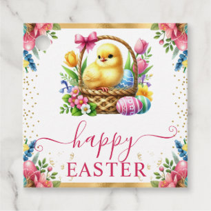 Etiquetas Para Recuerdos Cesta de Pascua de pollito de primavera en acuarel