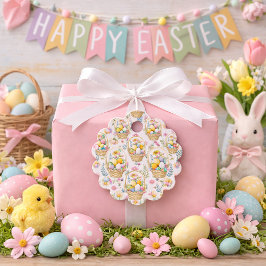 Etiquetas Para Recuerdos Cesta de Pascua y patrón floral de primavera