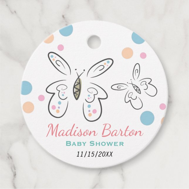 Etiquetas Para Recuerdos Chica de mariposas y puntos de corte Baby Shower (Anverso)