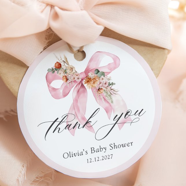 Etiquetas Para Recuerdos Chica Floral Rosa Bow Baby Shower Gracias (Subido por el creador)