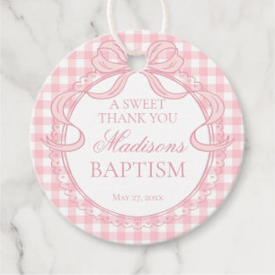 Etiquetas Para Recuerdos Círculo de Bautizo Coquette de Gingham Rosa