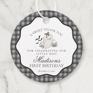 Etiquetas Para Recuerdos Círculo del cumpleaños de Black Gingham Cute Boo G
