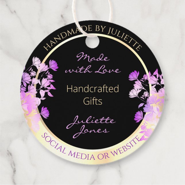 Etiquetas Para Recuerdos Clásicas flores moradas negras y oro gracias (Reverso)