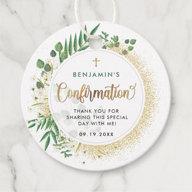 Etiquetas Para Recuerdos Confirmación Botánica De Oro Y Verde Gracias (Anverso)