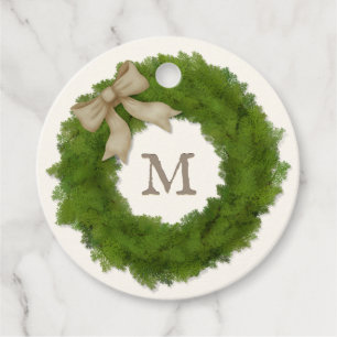 Etiquetas Para Recuerdos Corona de ciprés verde monogramada personalizada