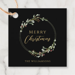 Etiquetas Para Recuerdos Corona de Navidad minimalista con acuarela negra