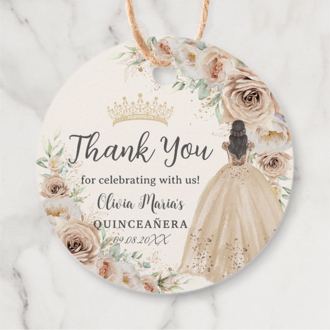 Etiquetas Para Recuerdos Crema de champagne Beige floral Princesa Quinceañe (Reverso)