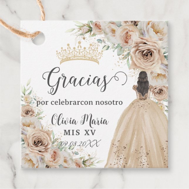 Etiquetas Para Recuerdos Crema de champagne Beige floral Princesa Quinceañe (Anverso)