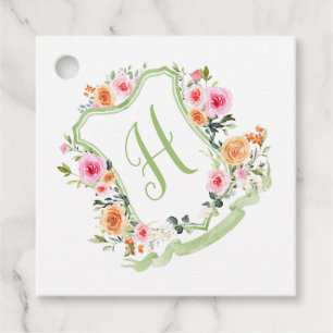 Etiquetas Para Recuerdos Crest Floral de Acuarela con Monograma, Verde y Ro