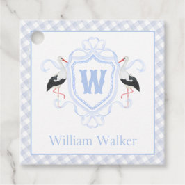 Etiquetas Para Recuerdos Crest Monograma Gingham Cigüeña Azul Acuarela