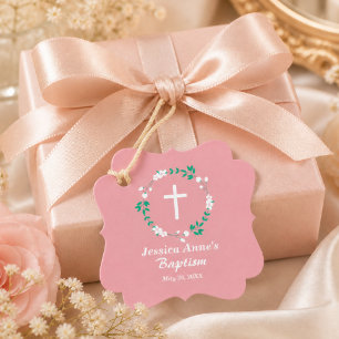 Etiquetas Para Recuerdos Cruz Blanca Floral Crest Bautismo Rosa Polvo