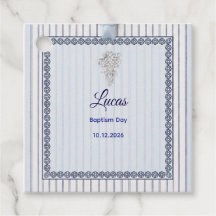 Cruz de Plata Bautizo con Encaje Rayado Azul