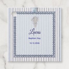 Etiquetas Para Recuerdos Cruz de Plata Bautizo con Encaje Rayado Azul