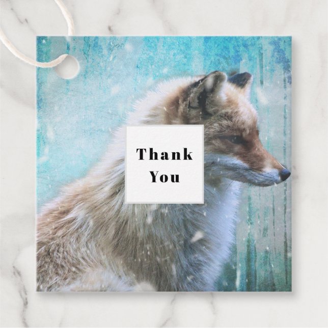 Etiquetas Para Recuerdos Curte Furry Fox en fondo azul grunge Gracias (Anverso)
