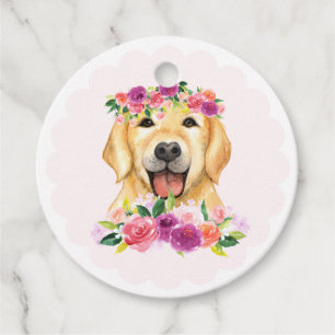 Etiquetas Para Recuerdos Cute Golden Retriever y Purple Flowers gracias