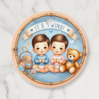 Etiquetas Para Recuerdos Cute Twin Boys Baby Shower Watercolor Teddy Bear