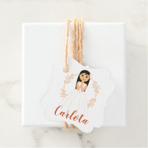 Etiquetas Para Recuerdos Diseño Niña de Comunión con Orla Floral Salmón