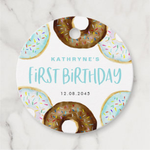 Etiquetas Para Recuerdos Donuts azules y de chocolate para su primer cumple