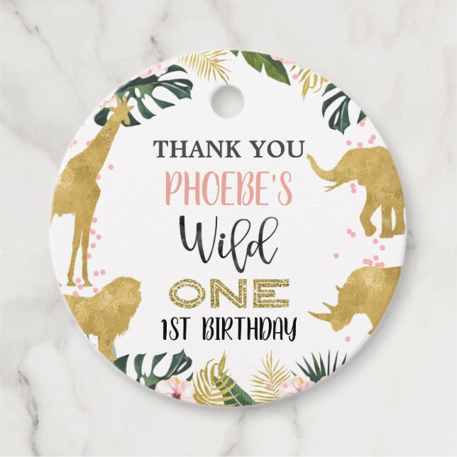 Etiquetas Para Recuerdos Dorado Safari Animales Floral Wild Un Cumpleaños (Anverso)