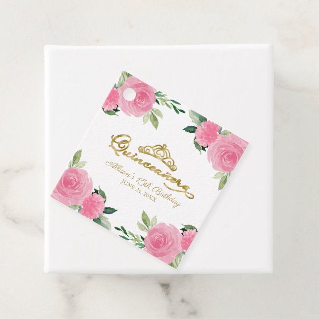 Etiquetas Para Recuerdos Dorado Tiara Flora Rosa Caliente Quinceanera (In situ)