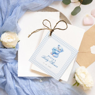 Etiquetas Para Recuerdos Ducha de bebé de osito de gingham azul de corazón