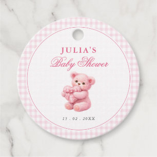 Etiquetas Para Recuerdos Ducha de bebé de osito de gingham rosa corazón peq